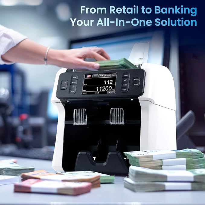 NUCOUN Mixed Denomination Money Counter Machine,Mixed Value Bill Counter and Sorter,with Reject Pocket,Multi Currency Note Counter,Counterfeit Detection 2 CIS/UV/MG/IR,4 inch Touch Screen,SN Record