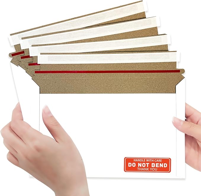 Cheardia 120 Pack Thick White Rigid Mailers with Self Adhesive Seal, 9.5 x 6.2 Inch Cardboard Envelopes Photo Mailers with Label for Protecting Shipping Gift Cards, Documents, Invitations, DVD