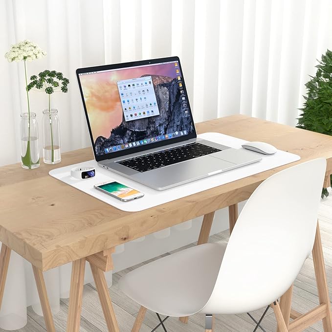 Hsurbtra Desk Pad, 23.6" x 13.8" PU Leather Desk Mat, M Extended Mouse Pad, Waterproof Desktop Blotter Protector, Non-Slip Ultra Thin Small Laptop Keyboard Writing Mat for Office Home, White
