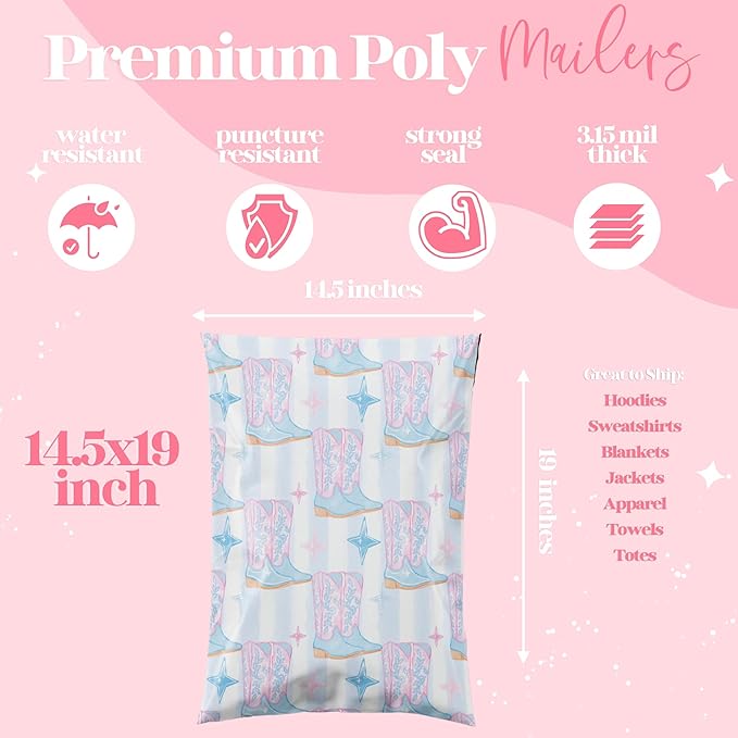 14.5x19 Designer Poly Mailer 100 Pack Heavy Duty Waterproof Self Seal Shipping Bags for Small Business Large Mailing Envelopes Bulk Tear Resistant Packaging Cowgirl Boots Western