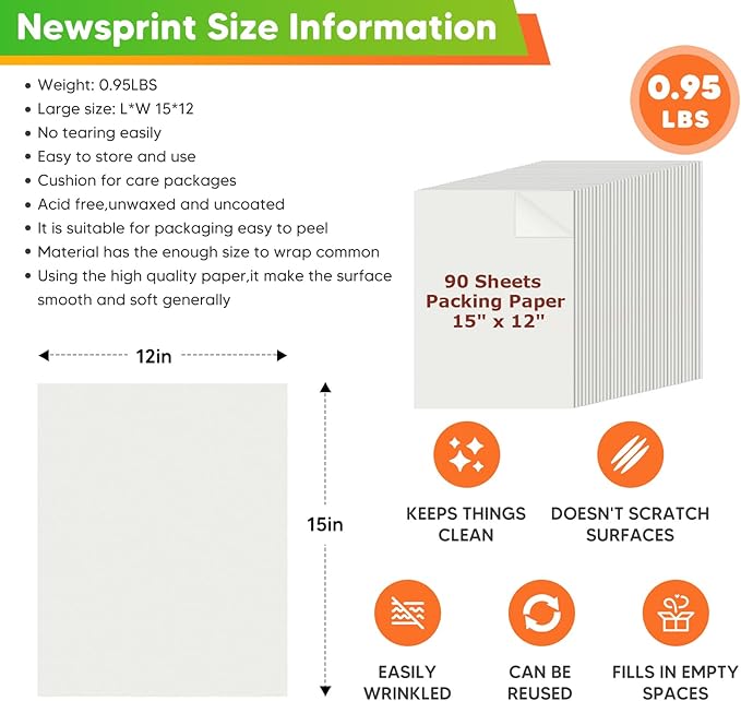 15" x 12" Packing Paper for Moving Supplies, 90 Sheets Newsprint Paper, Newspaper Wrapping Paper for Arts, Crafts, Packing Boxes for Moving, Shipping, Packaging, Packing Materials, Glasses Box Filler