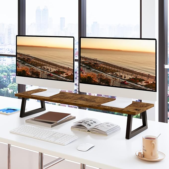 TEAMIX 31.5 inch Dual Monitor Riser for 2 Monitors, Long Monitor Stand Riser TV Stand Riser Monitor Stand for Desk Wood & Steel Desktop Riser Desk Organization Home Office