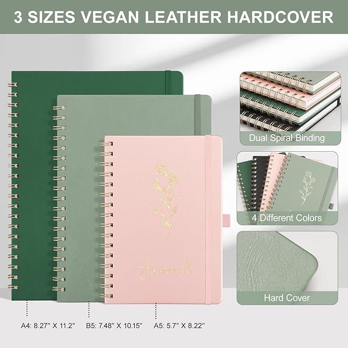 EMSHOI A4 Graph Grid Notebook - 110 Pages 100GSM Grid Paper, Vegan Leather Floral Cover with Spiral Binding for Engineering, Bullet Journaling, School & Work - Includes Ruler, Pockets -Rose Gold