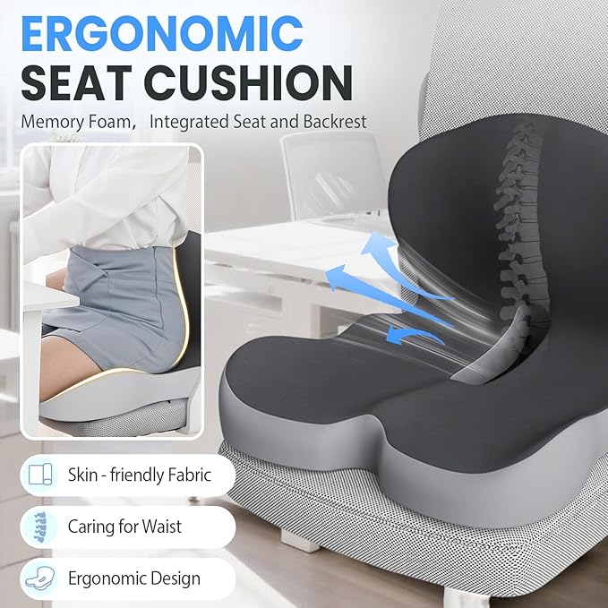 Back and Seat Cushion, 2025 New Ergonomic Non-Slip Memory Foam Seat Cushion with Back Support, L-Shaped Breathable Seat Cushions for Car, Office, Home (Light Gray)