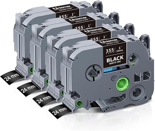 Unismar TZe-355 Compatible for Brother Ptouch 24mm 0.94 Laminated White on Black Label Tape TZ355 TZ Tape Work for PTD600 PT-P700 PT-2430PC PT-D600VP PT-D800W PT-P900W Label Maker, 1'' x 26.2', 4-Pack