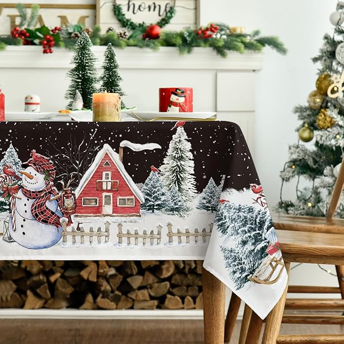 Horaldaily Christmas Tablecloth 60×104 Inch Rectangular, Winter Snowman House Christmas Trees Black Washable Table Cover for Party Picnic Dinner Decor