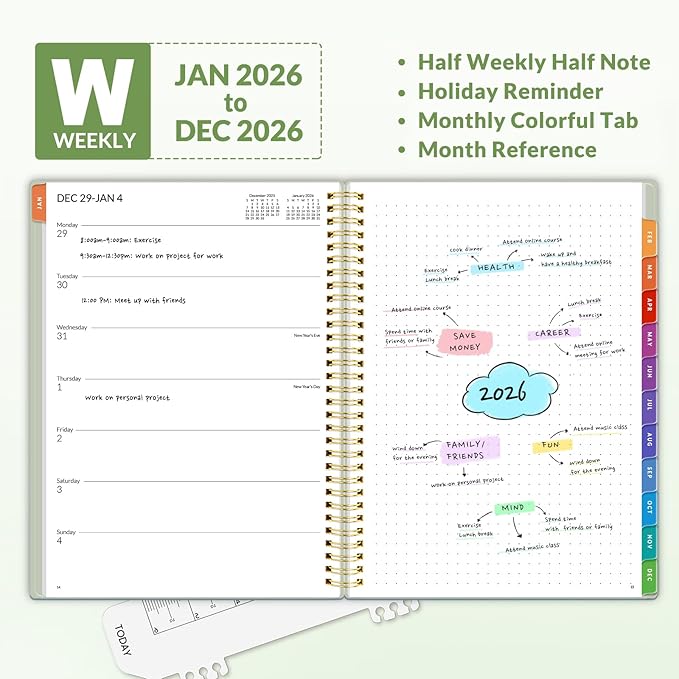 SUNEE 2026 Weekly and Monthly Planner - January 2026-December 2026, 8.5"x11" Half Weekly Half Note, Daily Agenda Planner with PVC Waterproof Cover, Monthly Tab, Note, Pockets, Bookmark, Green