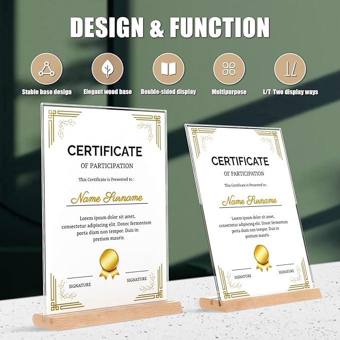 Acrylic Sign Holder 8.5 x 11 with Combined L and T-Shaped Wood Base,High Transparency Table Card Stand for Advertisements, Menu, Picture,Honor Certificates or other Flyers(3 packs)