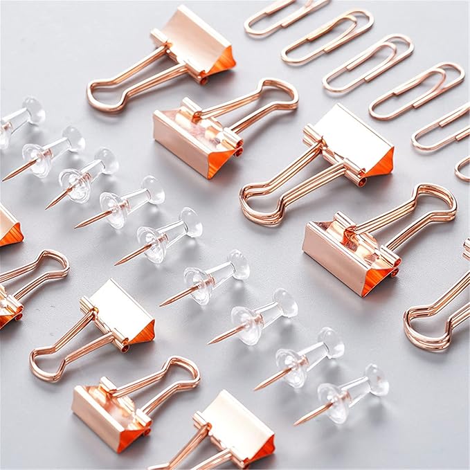 72 Pcs Rose Gold Small Binder Clips, Paper Clips and Thumbtack for Office Work School and Home Supplies (72pcs Mixed, Rose Gold)