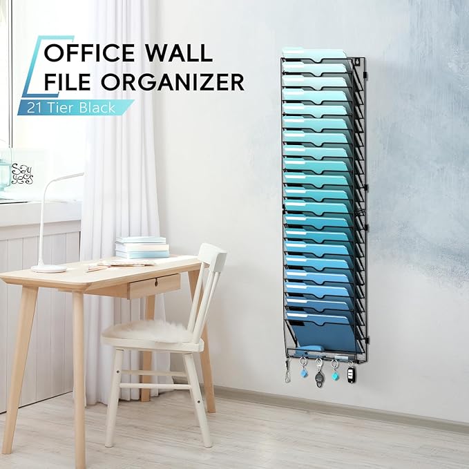 21-Tier Hanging Wall File Organizer with 5 Hooks, Wall File Holder with Labels, Vertical Wall Mount Mail Organizer for Papers, Folders, Magazines, Office Organization, Assembly Needed, Black