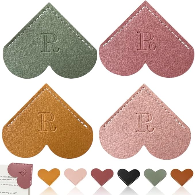 Personalized Leather Heart Bookmark, 26 Letters Customized Corner Book Mark for Reading Women, Book Marker with Initials，Cute Gifts (Light Pink+Deep Pink+Green+Light Brown, R)