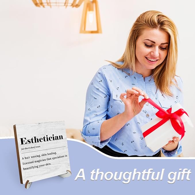 Esthetician Definition Wood Sign Desk Decor Rustic Esthetician Supplies Office Cubicle Decor Plaque with Wooden Stand Farmhouse Beauty Salon Desk Accessories for Home Table Shelf Centerpieces