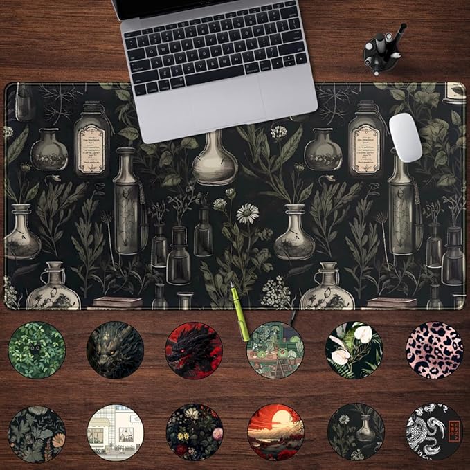 Black Aesthetic Desk Mat - Vintage Large Gaming Flower Mouse Pad XXL Plant Wildflower Mousepad Extended Laptop Computer Keyboard Mat for Women Girl Office Decor 31.5x15.8 in