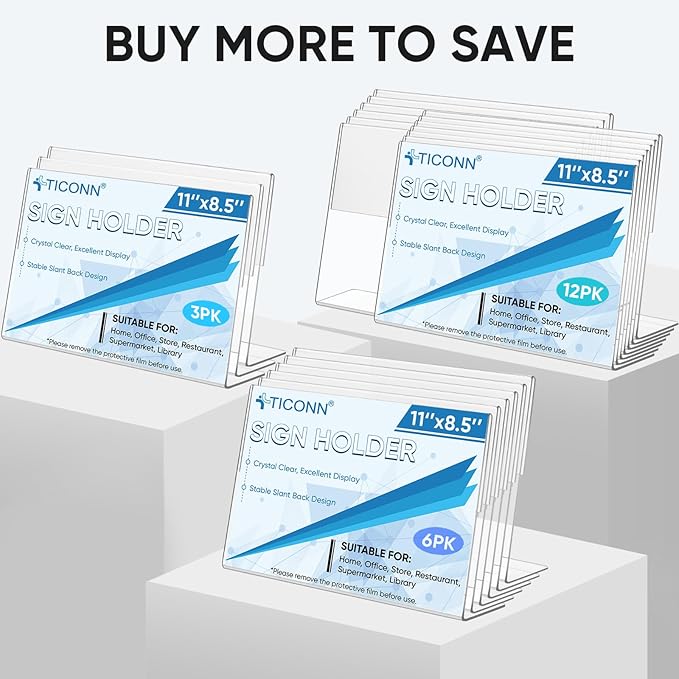 TICONN 11 x 8.5 Acrylic Sign Holder, L Shape Clear Sign Stand for Displaying, Plastic Paper Holder for Office, Store, Restaurant (Horizontal 3 Pack)