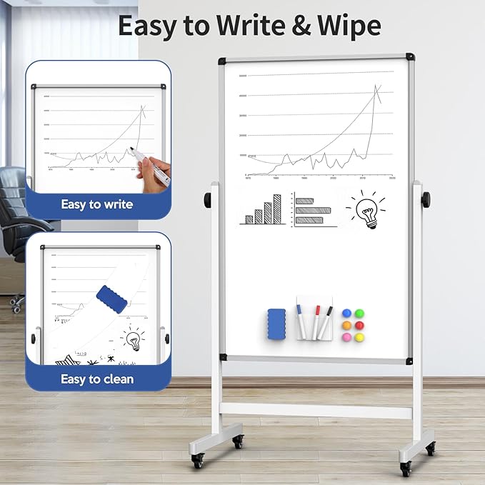 Whiteboard on Wheels, 44x26 Inches Double Sided Magnetic Dry Erase Board Height Adjustable Whiteboard with Stand for Home Office Classroom