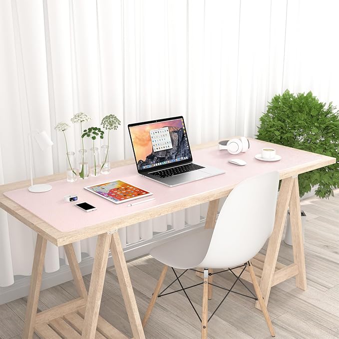 Hsurbtra Desk Pad, 48" x 17" PU Leather Desk Mat, XXXL Extended Mouse Pad, Waterproof Desktop Blotter Protector, Non-Slip Ultra Thin Large Laptop Keyboard Writing Mat for Office Home, Pink