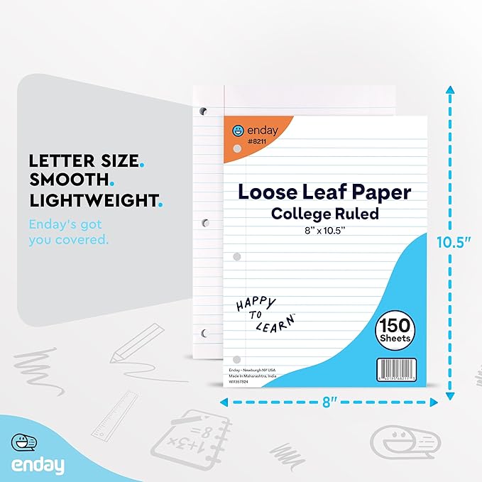 Loose Leaf Paper College Ruled Notebook Paper, 8" x 10.5" Filler Paper White, 3 Hole Punched Binder Paper for 3 Ring Binders, Lined Paper 150 Sheets Per Pack (2 Pack) - By Enday