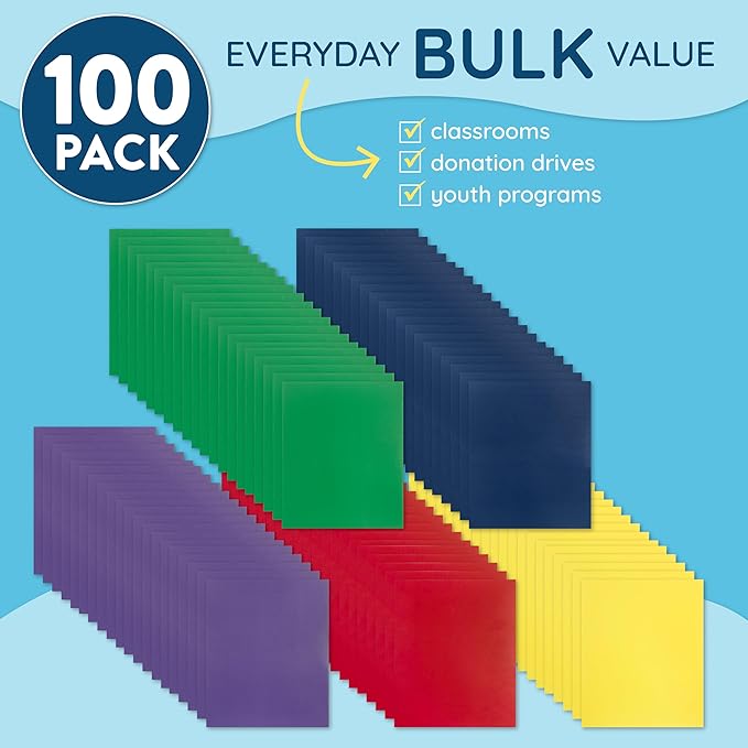 Blue Summit Supplies 100 Paper Two Pocket Folders with Prongs, 2 Pocket Folders Bulk 100 Pack, Assorted 5 Colors, 3 Prongs for Letter Size Paper, Designed for Office and Classroom