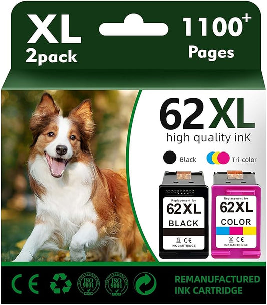 Replacement for HP 62xl Ink Cartridge Combo Pack - High Yield Ink Cartridges Compatible for hp Ink 62, Envy 5540 7640 7645 5660 OfficeJet 200 250 5740 Ink, Black, Tri-Color, 2 Pack