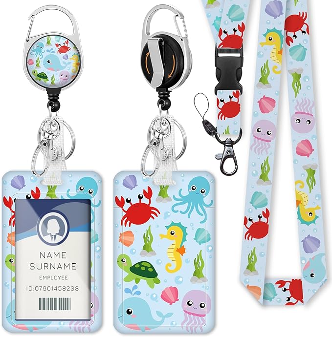 Gctriki Ocean Theme ID Badge Holder with Lanyard - Cute Sea Animals Design - Retractable Clip for Nurses, Teachers, School Staff - Cute Teacher Appreciation Gift & School Supplies