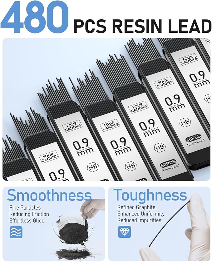 Four Candies 0.9mm Mechanical Pencil Set with Case, 3PCS Metal Artist Lead Pencil with 8 Tubes (480PCS) HB Lead Refills, 3 Erasers, 9 Eraser Refills For Engineer Art Writing Drafting, Silver