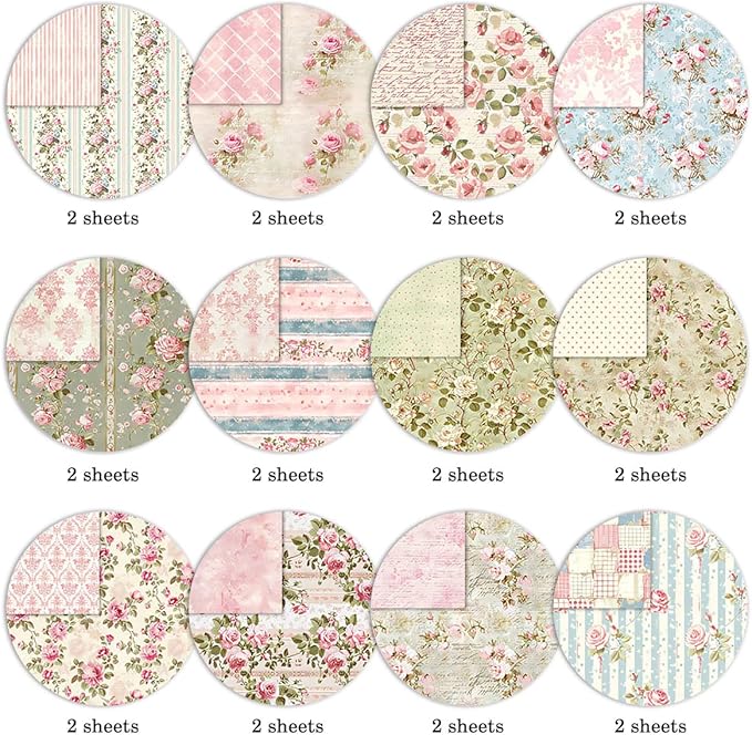 Scrapbook Paper Pad 12×12,Floral Double-Sided Pattern Designer Planner Junk Journal Decorative Craft Paper,Card Making Journaling Origami Decopage Scrapbooking Supplies, 24 Sheets
