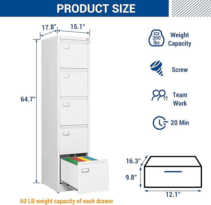 File Cabinets - 5 Drawers Vertical 17.8" Deep Lockable Filing Cabinet - White Metal Storage Cabinets for Home Office to Hanging Files Letter/Legal/F4/A4 Size