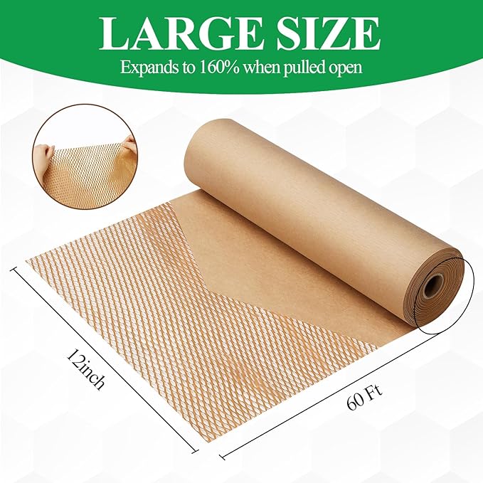 Honeycomb Packing Paper Wrap 12"x60' Recycled Bubble Cushioning Wrap Roll Eco Friendly Shipping Boxes Moving Wrap Packing Supplies Material with 10 Fragile Sticker Labels