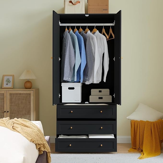 71" Wardrobe Closet Armoire, Wardrobe Armoire Wooden with 2 Doors, 3 Drawers Household Freestanding Wooden Closet Storage Cabinet for Bedroom (Black)