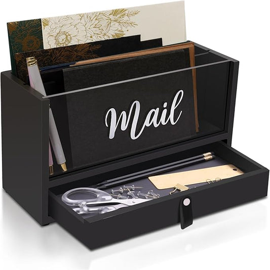 Two-Layer Solid Wooden Mail Storage Organizer Holder with Clear Acrylic Top and Bottom Drawer, Leather Handle, Keeping Mail, Bills, Letters, Cards and Office Supplies in One Place, Home Decor Gifts