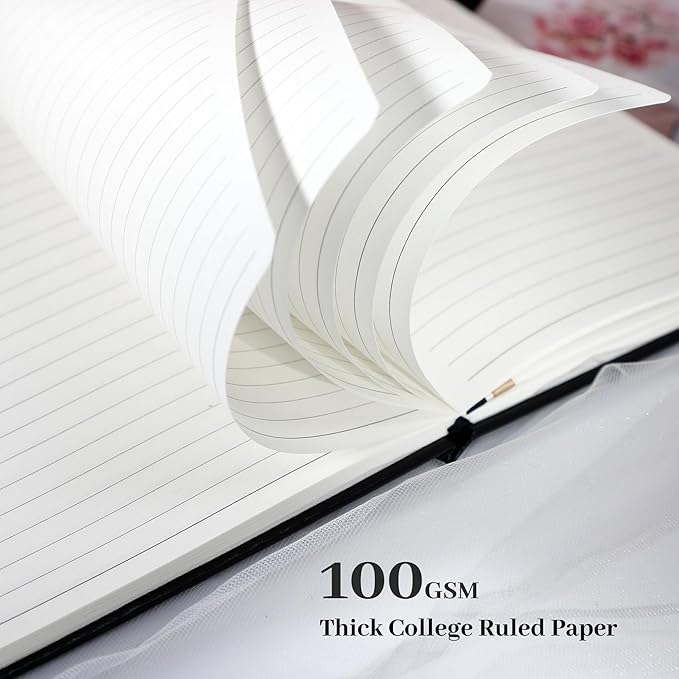 Lined Journal Notebook for Women Cute Leather Journals for Writing Aesthetic Floral Diary 192 Pages A5 Hardcover Journaling Notebooks with Pen Loop, 5.7 x 8.3 In, Black