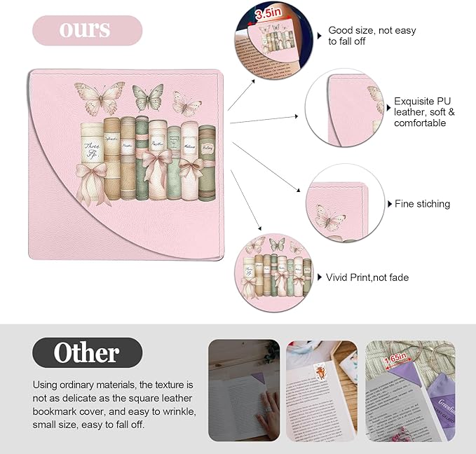 Pink Bow Leather Bookmarks, 4pcs Cute Bows Book Marks, Corner Page Book Marks, Reading Gifts for Women, Teachers, Students, Reading Lovers, Office (Tulips Floral Book Butterfly)