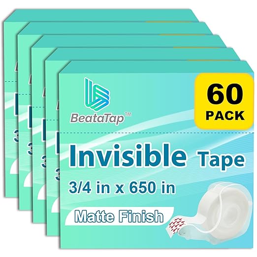 Bulk Tape clear, Invisible Tape, Matte Finish, Writable, 3/4 in x 650 in, 60 Rolls with Dispensers, Transparent Tape, Ideal for Christmas Wrapping Paper, Gift Wrap, School Supplies & Office Use