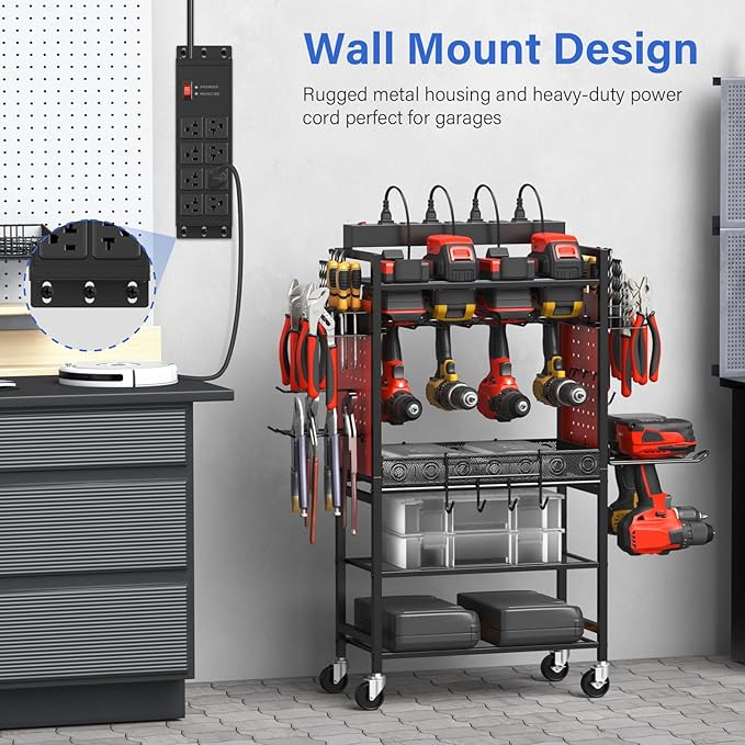 CCCEI Magnetic Heavy Duty Power Strip Surge Protector 20Amp, 12 Gauge High Amp Extension Outlets, Garage Wall Mount 8 Plug Metal Power Strip. 25FT, Black, 5-15P Adapter 6-20R T-Slot 20a for Appliance