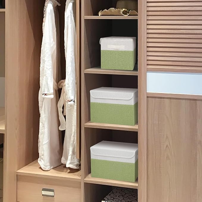 Large 22 Quart Linen Fabric Foldable Storage Bin Cube Organizer Basket with Flip-Top Lid & Handles, Clothes Blanket Box for Home, Office, Closet, Green & White, 4 Pack 14.6 x 9.5 x 9.5