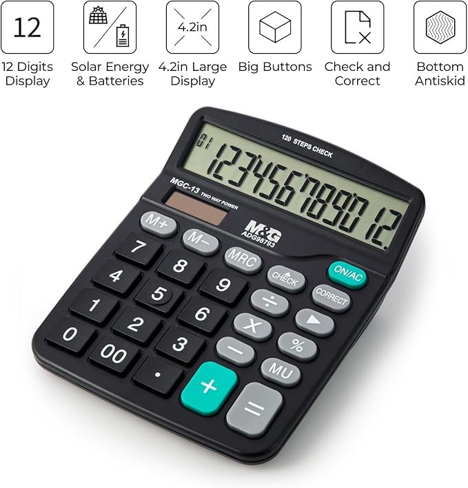 M&G Desk Calculator 12 Digit Office Calculators with Check & Correct, Dual Solar Power and Battery, Large LCD Display Business Calculator with Big Buttons Black