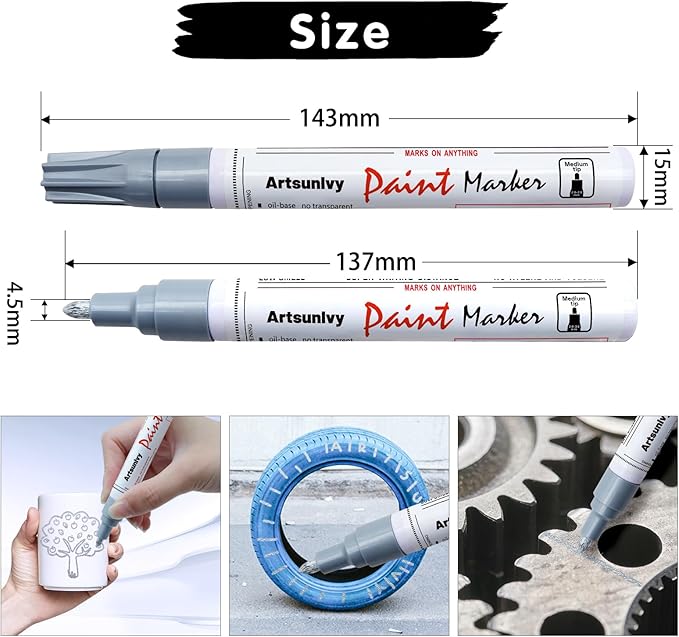 Silver Paint Pens Paint Markers - 2 Pack Oil-Based Permanent Markers Medium Point,Waterproof Quick Dry Paint Pens for Metal,Rock,Wood,Fabric,Plastic,Canvas,Glass
