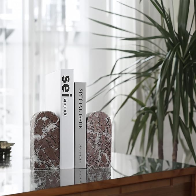 Koville Turkish Natural Marble Bookends for Shelves, Decorative Book Ends, 7lbs Heavy-Duty Marble Book Holders, Bookshelf Apartment Decor for Normal Books/CD/Video Games(Leopard)