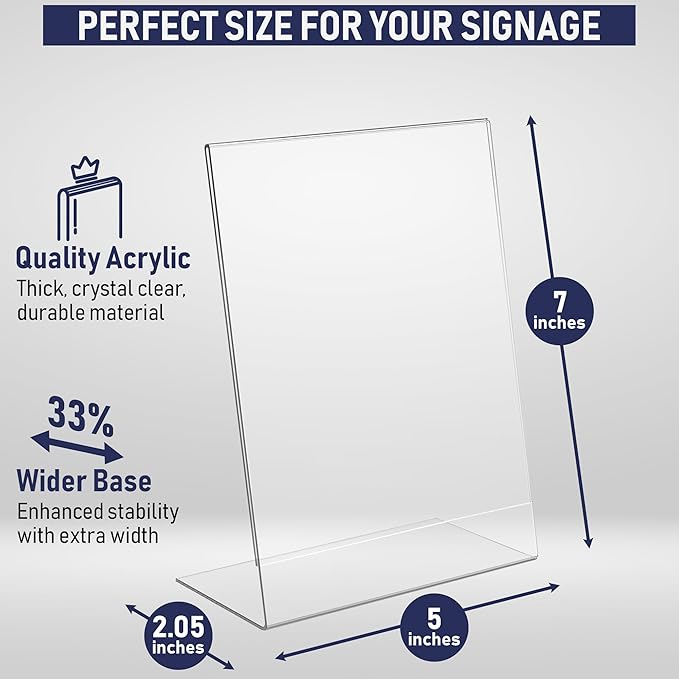 Dasher Products Slant Back Acrylic Sign Holder 5x7, 6-Pack Clear Frame Stand for Photos, Signs, Menus, Documents, Flyers, and More. Slanted Ad Display Stand for Tabletop Use