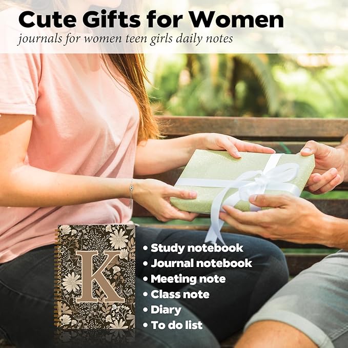 Initial K Personalized Journal Notebook, Boho Floral Journaling Notebooks for Women Girls, Costom Monogrammed Gifts for Women Mom Girls Friends, Letter Spiral Notebook, 5.5x8.3