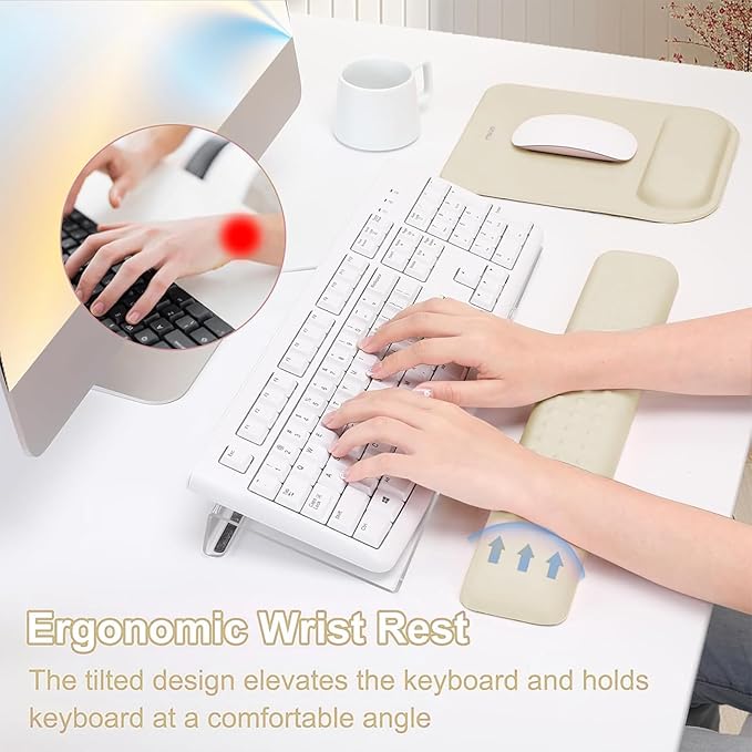 MOSISO Computer Keyboard Stand&Wrist Rest Support for Keyboard &Mouse Pad Set, Ergonomic Massage Wrist Rest Set, Easy Typing Working Acrylic Clear Stand for Office Home, Khaki
