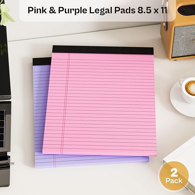 2 Pack Legal Pads 8.5 x 11 Pink Note Pads 8.5 x 11 Purple Notepad 8.5 x 11 Perforated Writing Pads 8.5 x 11 Lined Paper Pads Wide Ruled Pad of Paper 30 Sheets Notebook for Study, To-Do Lists, Office