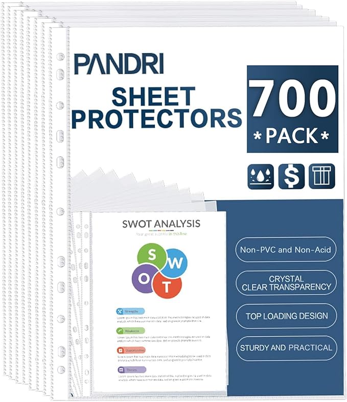 Sheet Protectors, PANDRI 700 Pack Clear Heavy Duty Plastic Page Protectors Sheet Reinforced 11-Hole Fit for 3 Ring Binder Fits Standard 8.5 x 11 Paper, 9.25 x 11.25 Top Loaded, Excluding Acid