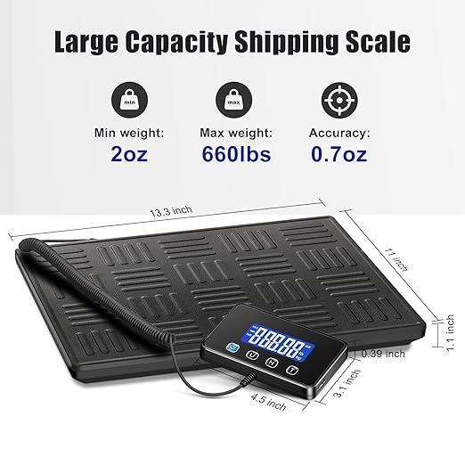 Shipping Scale, 660lbs Heavy Duty Digital Luggage Scale for Packages, 0.35oz High Accurate Postage Scale for Small Business, Warehouse, Home Use, Battery & Charging Cable Include