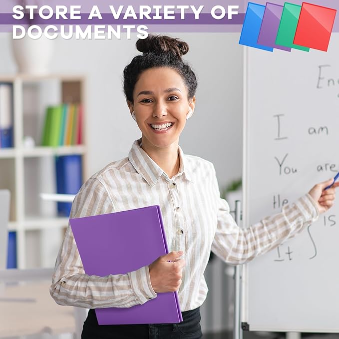 Henoyso 48 Pcs Plastic Folder with Clear Front Pocket and 3 Prongs Heavy Duty Plastic Folders with Card Slot Pocket Folders with Prongs for School Office Home(Multicolor)