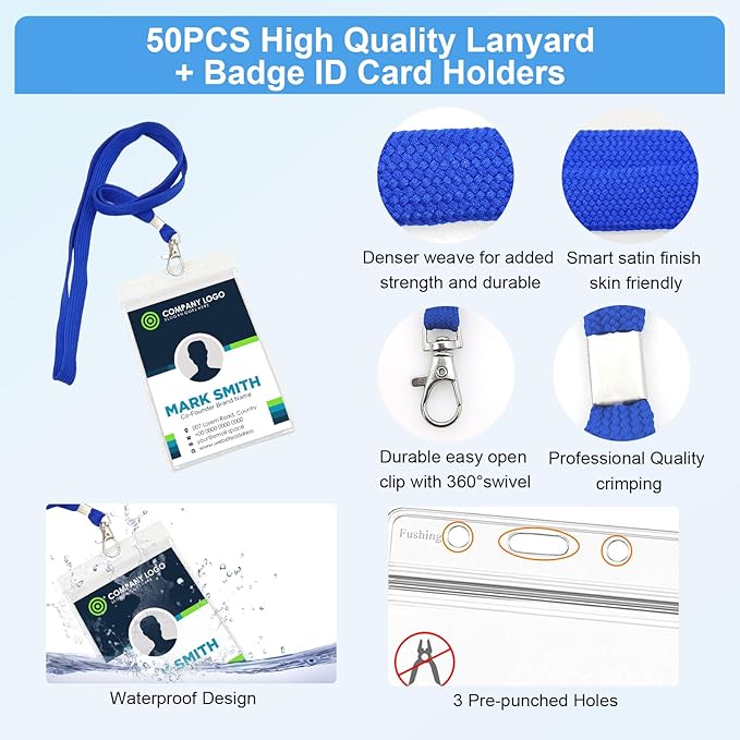 Fushing 50pcs Clear Plastic Vertical Name Tags Badge ID Card Holders and Blue Neck Lanyards with Swivel Hook for School, Festival, Event (L)