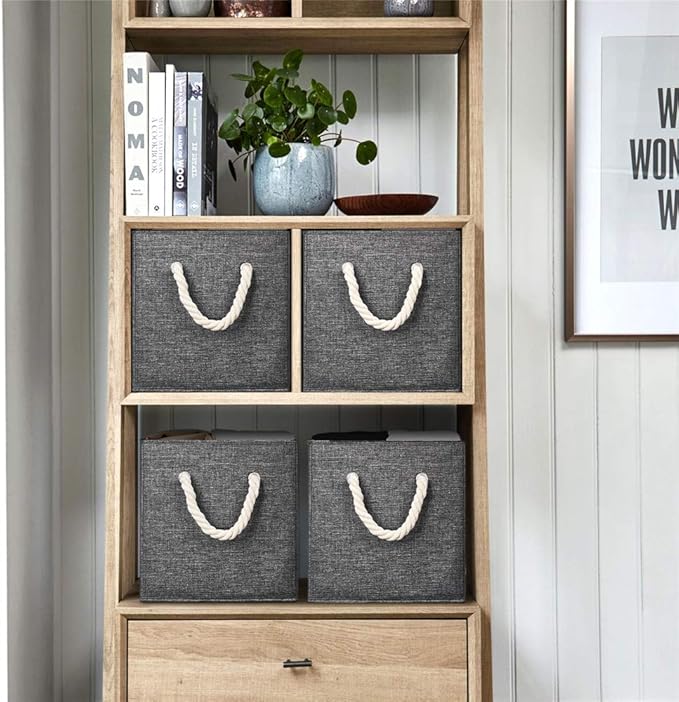 10.5 Inch Fabric Storage Boxes Bins and Cubes - Foldable Storage Basket with Grey Inserts, Package of 6