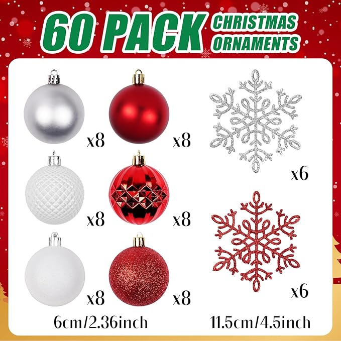 Christmas Tree Decorations Ornament Set, 60ct 2.36 Inches Red and White Shatterproof Christmas Ball Ornaments, Hanging Ball for Xmas Holiday Wedding Party Decor