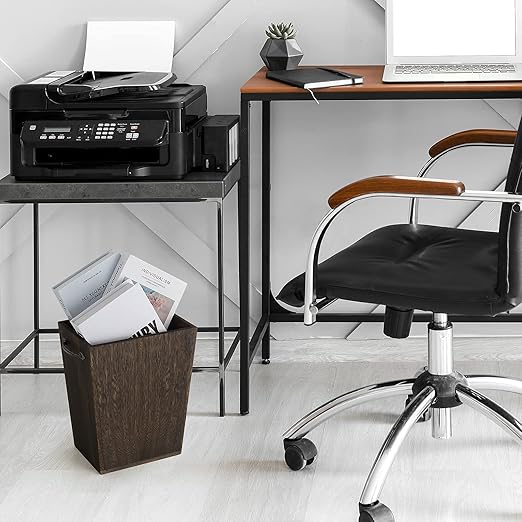 Trash Can Wastebasket Wood Garbage Container Bin with Built-in Double Metal Handles for Office, Bedroom, and Bathroom, Dark Brown