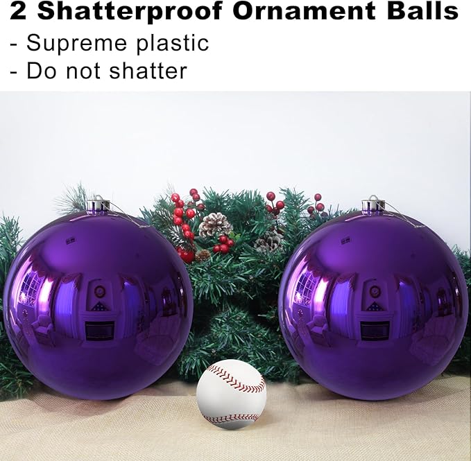 Purple 8.0" Extra Large Christmas Ornaments - Christmas Tree Decoration Balls Shatterproof Hanging Shiny Balls for Birthday Holiday Wedding Decorations Set of 2pcs
